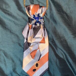 Men's Striped Orange & Gray Tie Necklace with Blue Crystal Accent